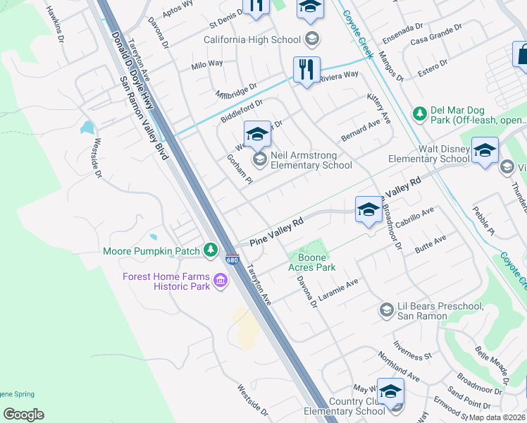 map of restaurants, bars, coffee shops, grocery stores, and more near 9732 Davona Drive in San Ramon