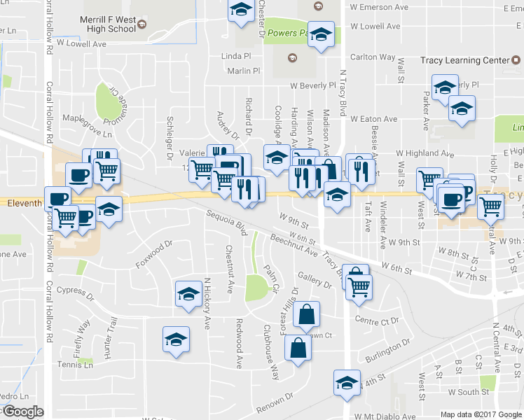 map of restaurants, bars, coffee shops, grocery stores, and more near 1122 W 11th St in Tracy
