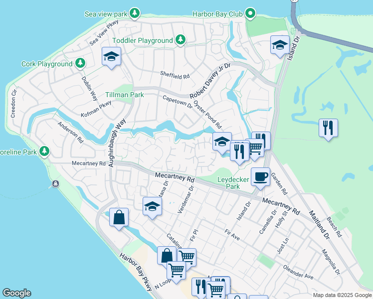 map of restaurants, bars, coffee shops, grocery stores, and more near 105 Carob Lane in Alameda