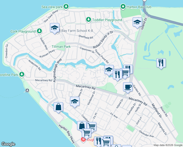 map of restaurants, bars, coffee shops, grocery stores, and more near 105 Carob Lane in Alameda