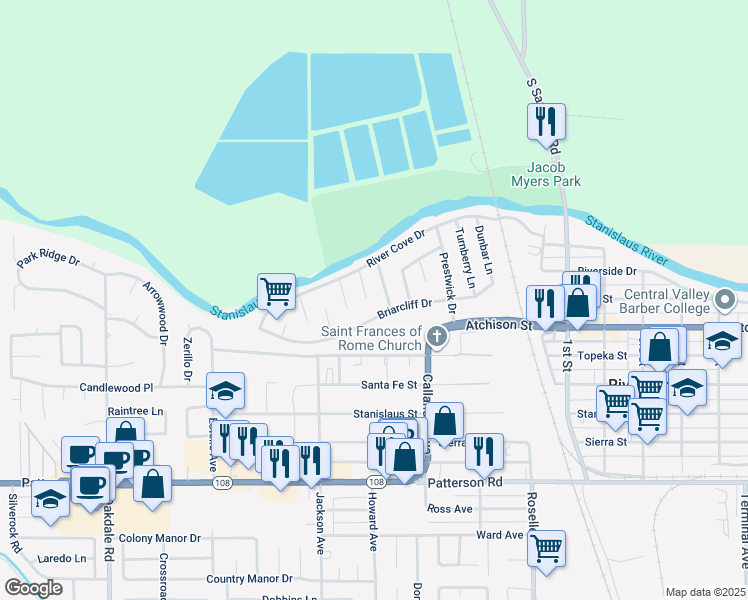 map of restaurants, bars, coffee shops, grocery stores, and more near 7006 Spanish Bay Court in Riverbank