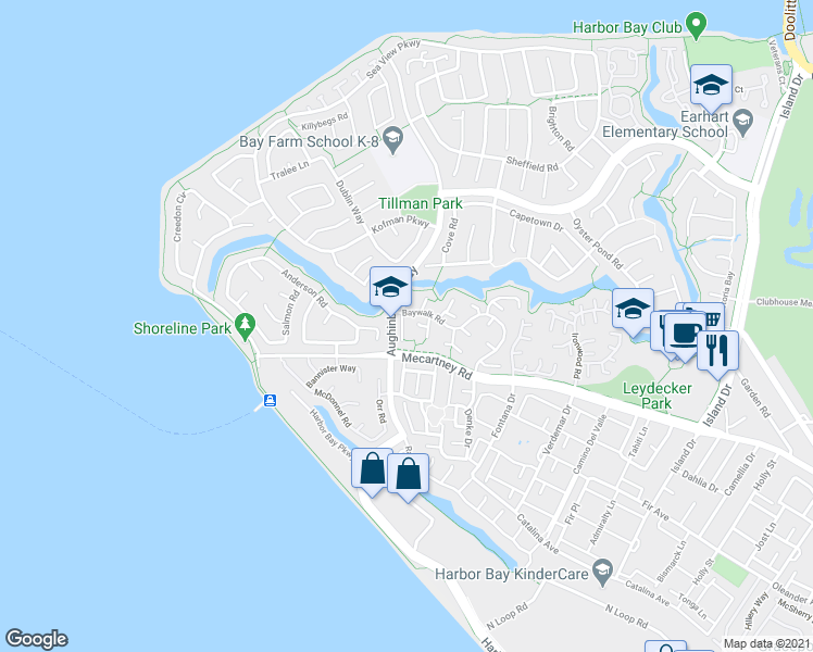 map of restaurants, bars, coffee shops, grocery stores, and more near 127 Keil Bay in Alameda