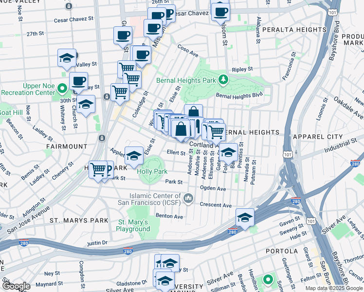 map of restaurants, bars, coffee shops, grocery stores, and more near 45 Ellert Street in San Francisco
