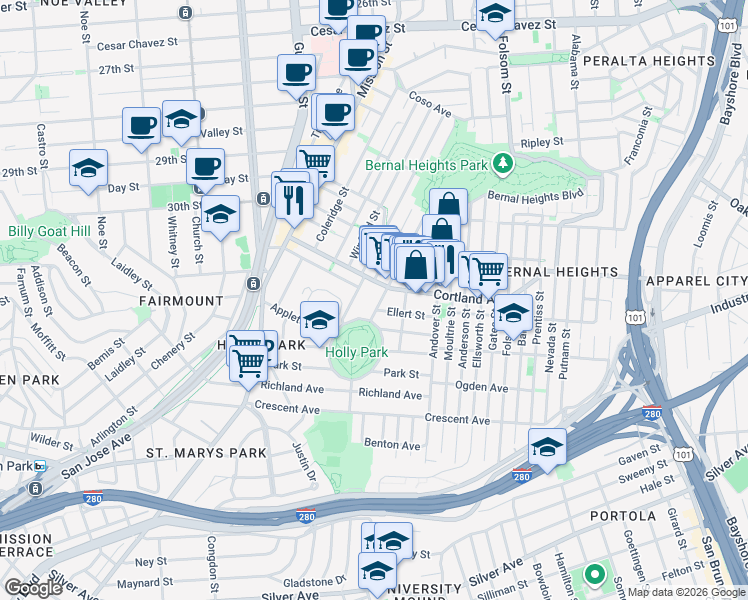 map of restaurants, bars, coffee shops, grocery stores, and more near 55 Holly Park Circle in San Francisco
