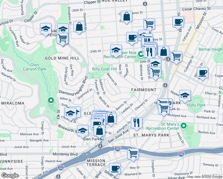 map of restaurants, bars, coffee shops, grocery stores, and more near in San Francisco