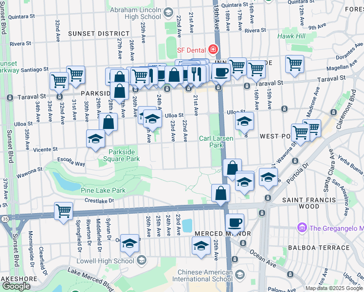 map of restaurants, bars, coffee shops, grocery stores, and more near 2630 23rd Avenue in San Francisco