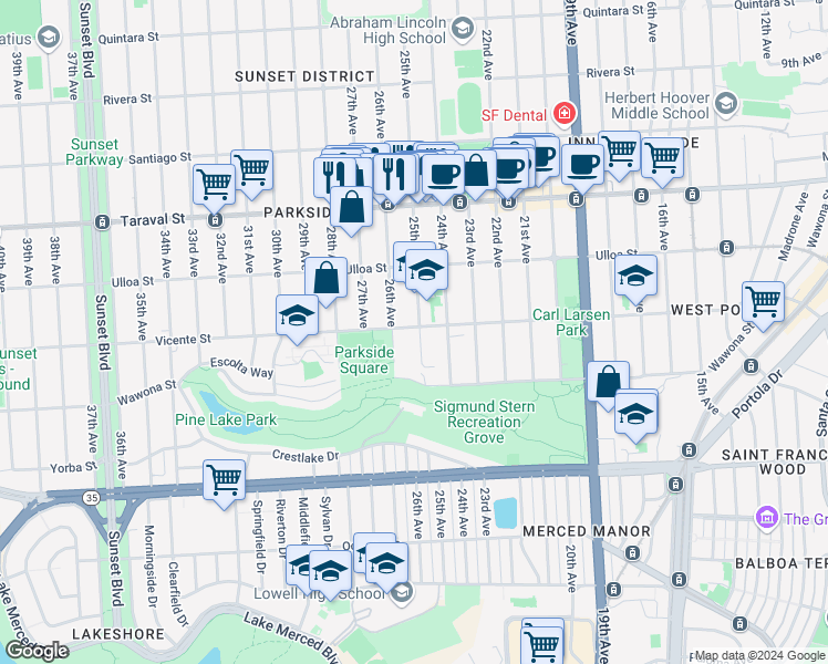 map of restaurants, bars, coffee shops, grocery stores, and more near 2624 26th Avenue in San Francisco