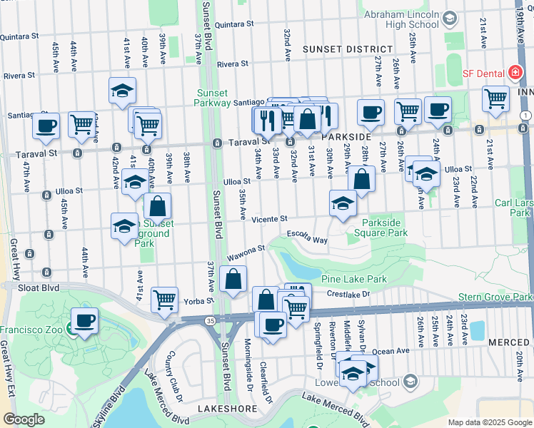 map of restaurants, bars, coffee shops, grocery stores, and more near 2601 34th Avenue in San Francisco