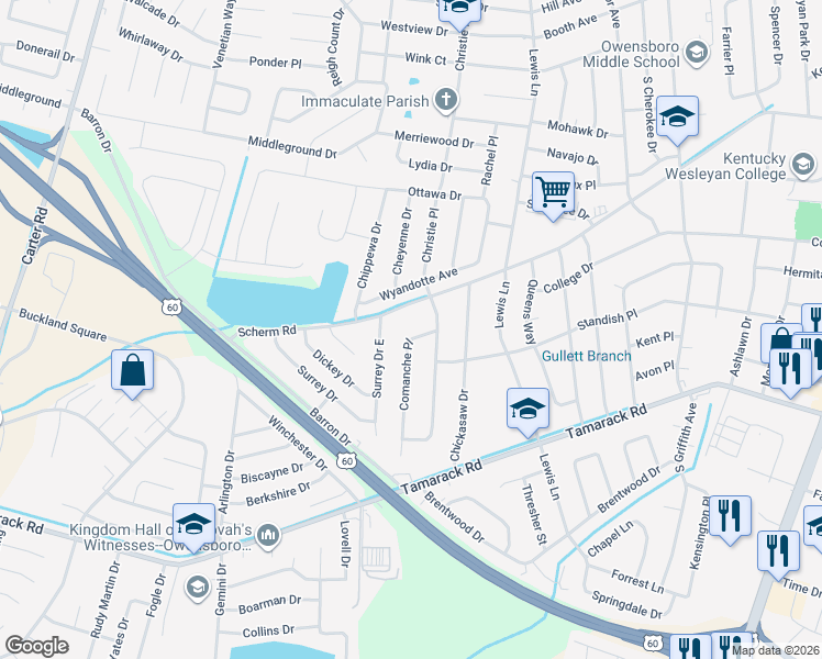 map of restaurants, bars, coffee shops, grocery stores, and more near 3307 Comanche Place in Owensboro