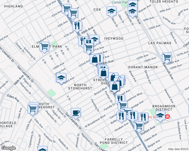 map of restaurants, bars, coffee shops, grocery stores, and more near 1343 105th Avenue in Oakland