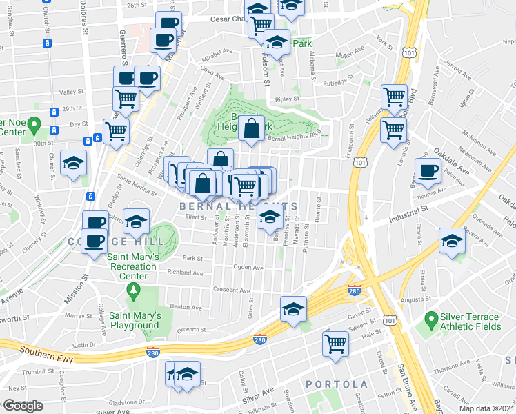 map of restaurants, bars, coffee shops, grocery stores, and more near Cortland Ave & Gates St in San Francisco