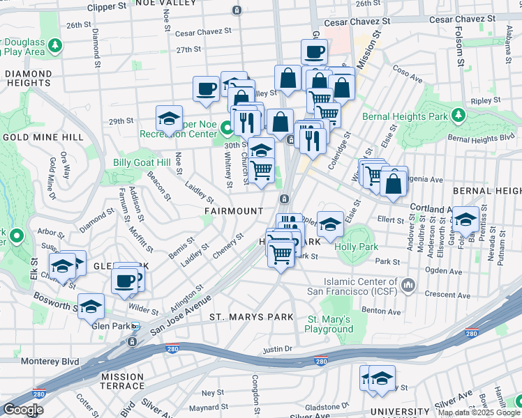 map of restaurants, bars, coffee shops, grocery stores, and more near Chenery St & Fairmount St in San Francisco