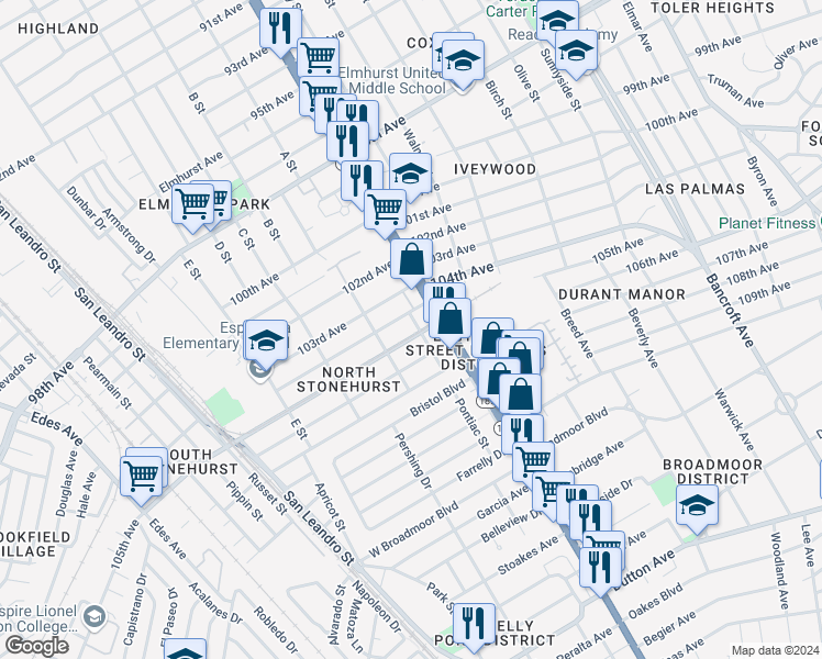 map of restaurants, bars, coffee shops, grocery stores, and more near 1343 105th Avenue in Oakland