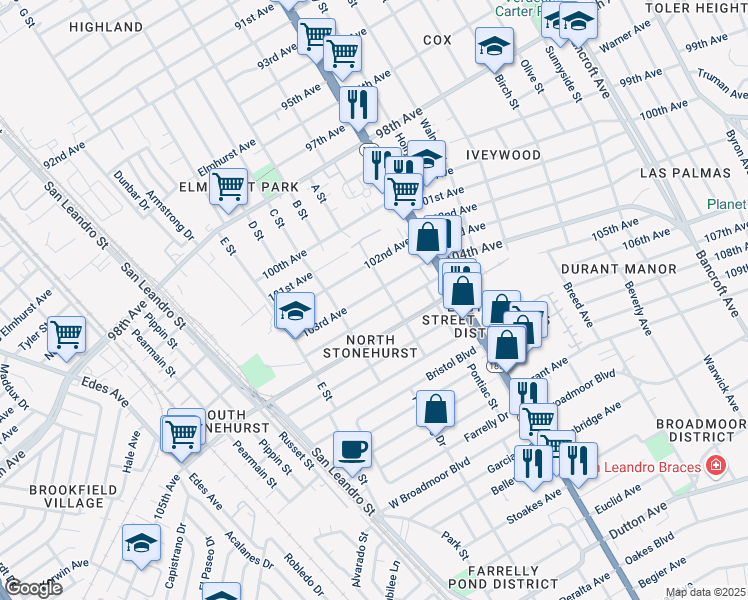 map of restaurants, bars, coffee shops, grocery stores, and more near 1235 104th Avenue in Oakland