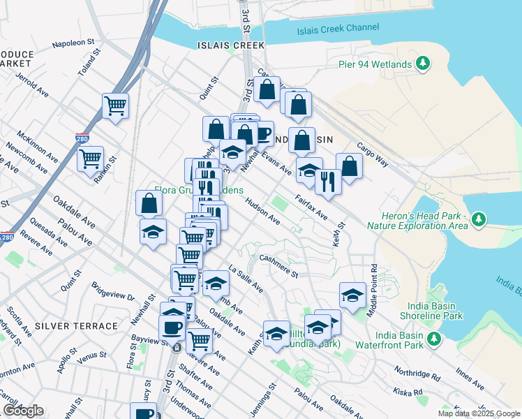 map of restaurants, bars, coffee shops, grocery stores, and more near Hudson Ave & Mendell St in San Francisco