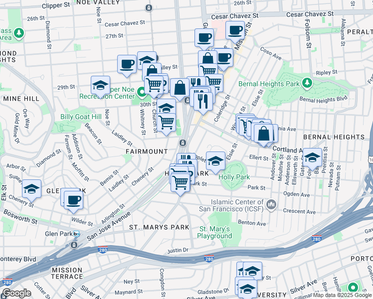 map of restaurants, bars, coffee shops, grocery stores, and more near 3620 Mission Street in San Francisco