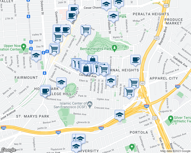 map of restaurants, bars, coffee shops, grocery stores, and more near Cortland Avenue & Moultrie Street in San Francisco