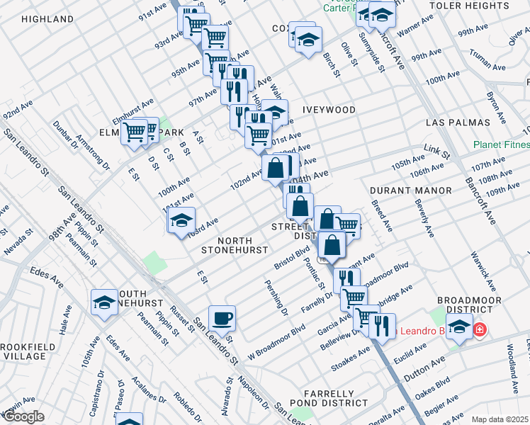 map of restaurants, bars, coffee shops, grocery stores, and more near 10425 Graffian Street in Oakland