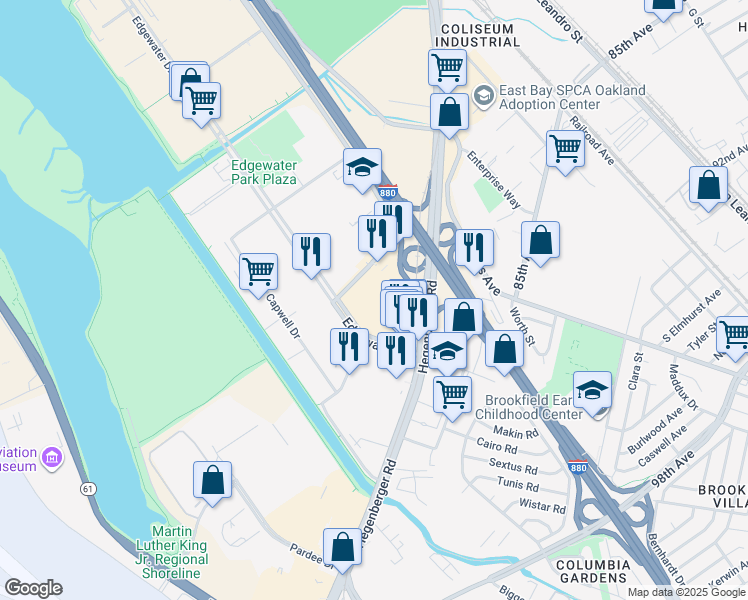 map of restaurants, bars, coffee shops, grocery stores, and more near 8400 Edgewater Drive in Oakland