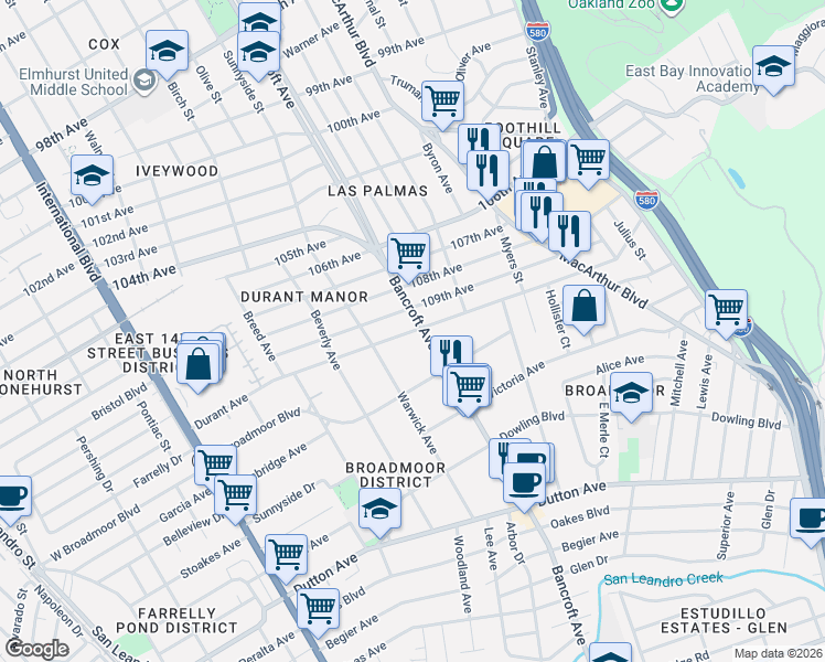 map of restaurants, bars, coffee shops, grocery stores, and more near 557 Durant Avenue in San Leandro