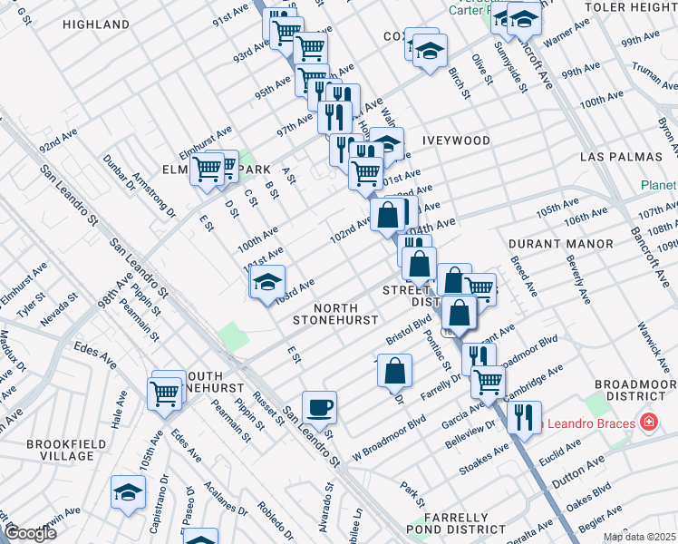 map of restaurants, bars, coffee shops, grocery stores, and more near 1235 104th Avenue in Oakland