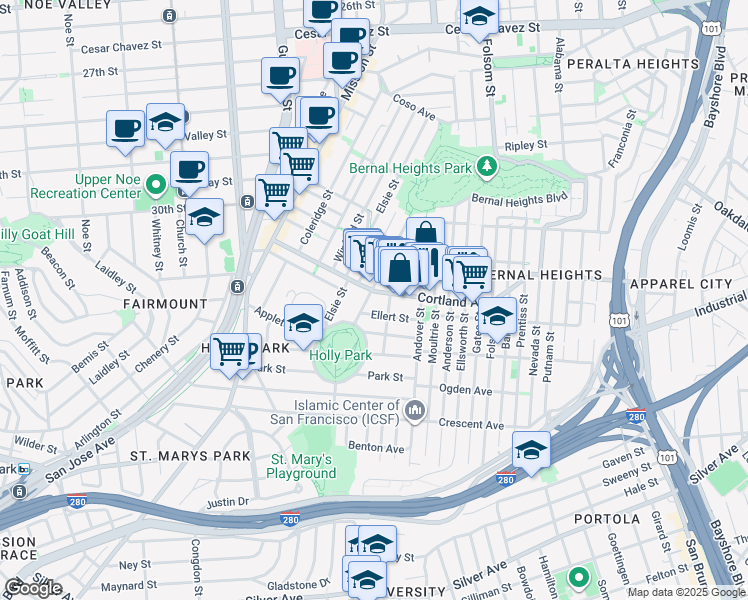 map of restaurants, bars, coffee shops, grocery stores, and more near 45 Ellert Street in San Francisco