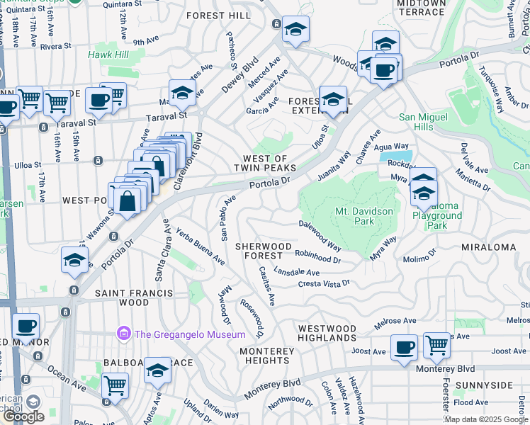 map of restaurants, bars, coffee shops, grocery stores, and more near 29 Lansdale Avenue in San Francisco