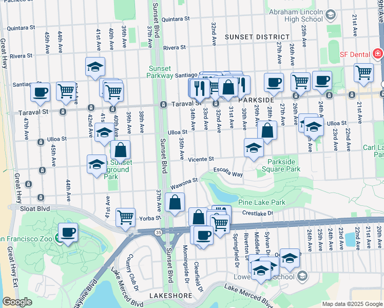 map of restaurants, bars, coffee shops, grocery stores, and more near 2601 34th Avenue in San Francisco