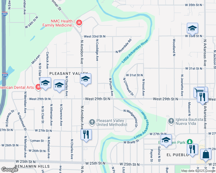 map of restaurants, bars, coffee shops, grocery stores, and more near 3025 North Porter Avenue in Wichita