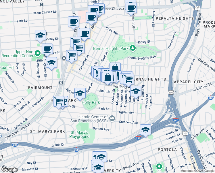 map of restaurants, bars, coffee shops, grocery stores, and more near 45 Ellert Street in San Francisco