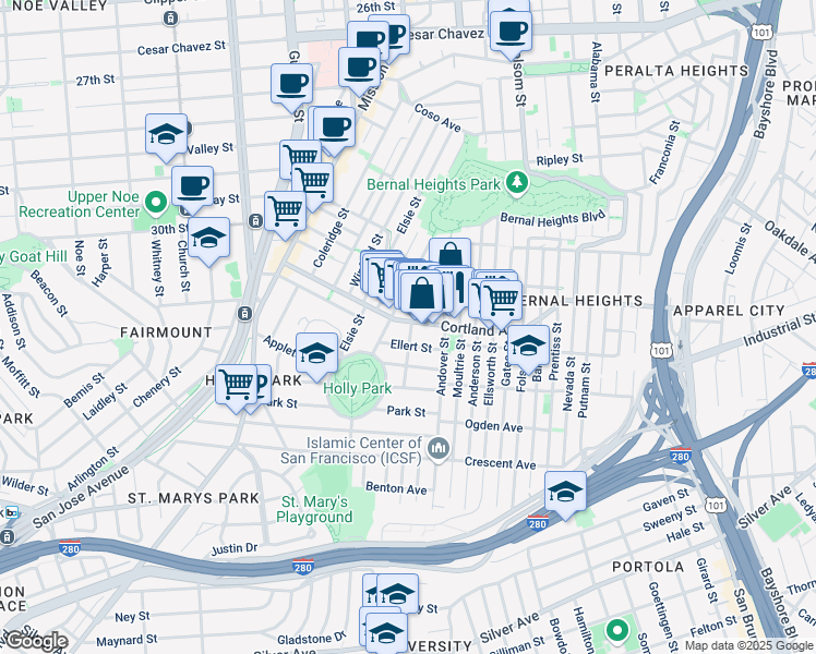 map of restaurants, bars, coffee shops, grocery stores, and more near 45 Ellert Street in San Francisco