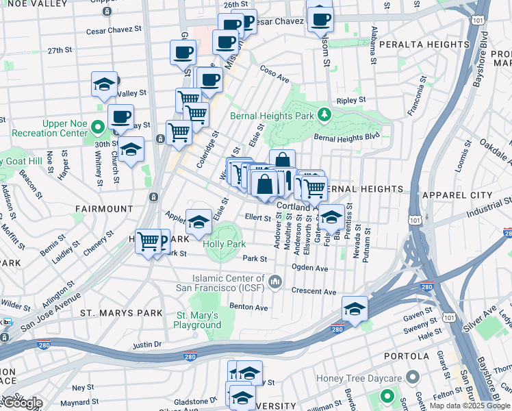 map of restaurants, bars, coffee shops, grocery stores, and more near 2 Cortland Avenue in San Francisco
