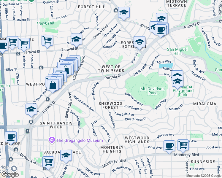 map of restaurants, bars, coffee shops, grocery stores, and more near 29 Lansdale Avenue in San Francisco