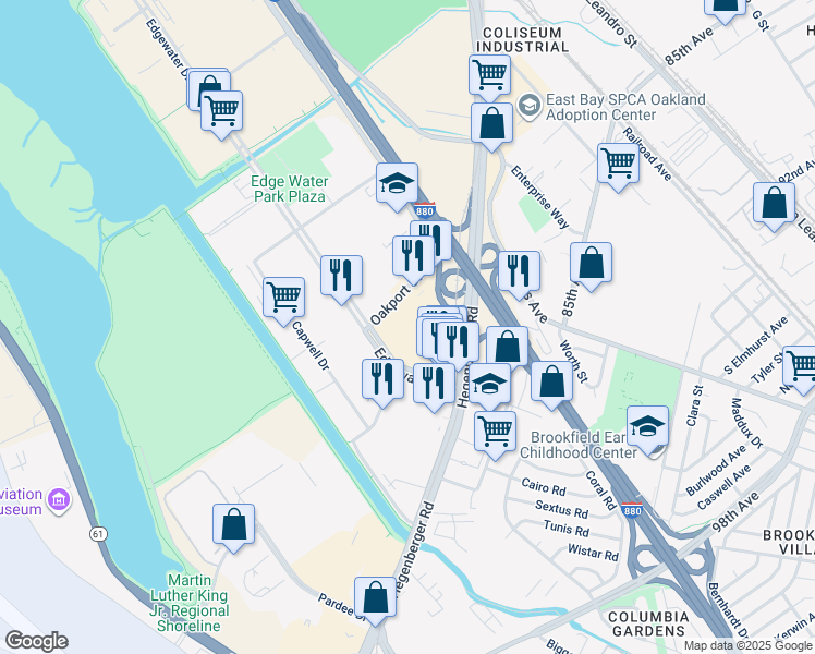 map of restaurants, bars, coffee shops, grocery stores, and more near 8400 Edgewater Drive in Oakland