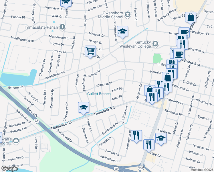 map of restaurants, bars, coffee shops, grocery stores, and more near 3530 Marycrest Drive West in Owensboro