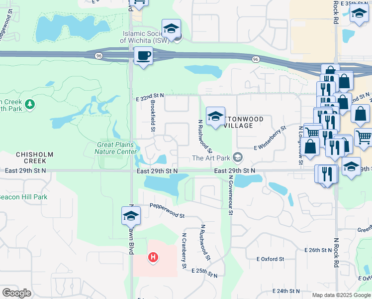 map of restaurants, bars, coffee shops, grocery stores, and more near 6738 East Winterberry Circle in Wichita
