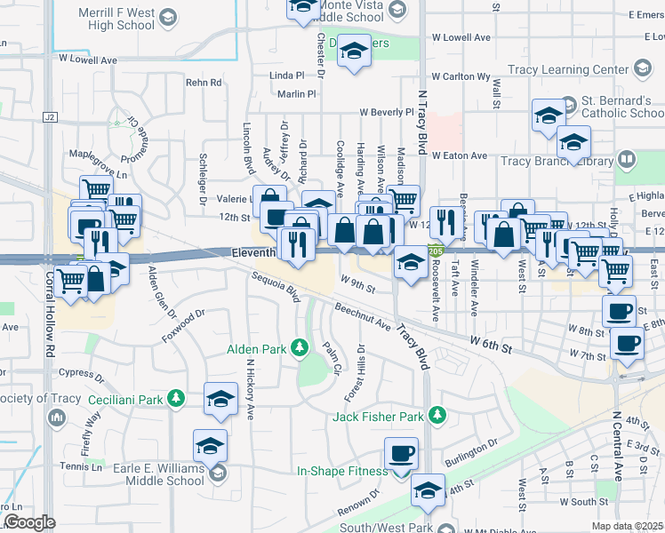 map of restaurants, bars, coffee shops, grocery stores, and more near 1015 West 9th Street in Tracy