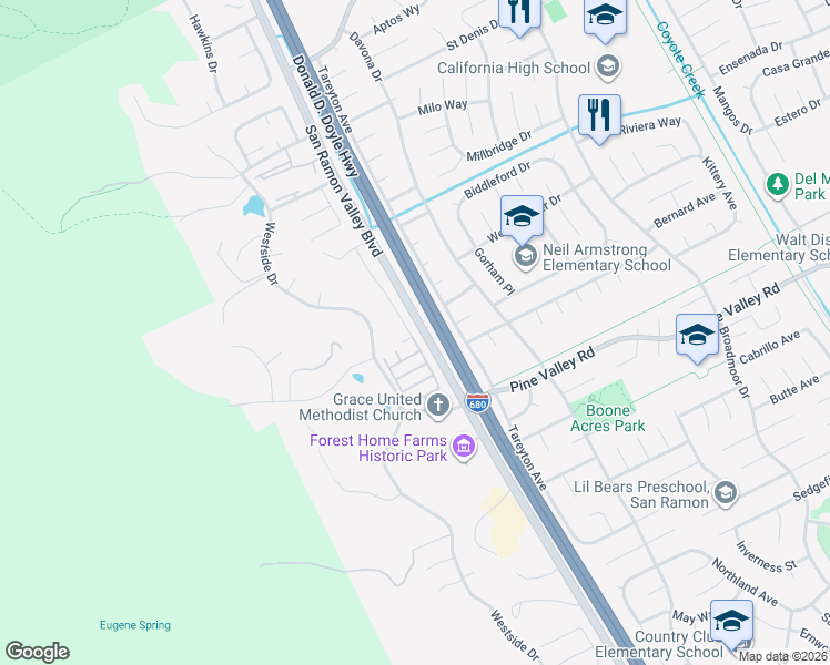 map of restaurants, bars, coffee shops, grocery stores, and more near 8 Terraced Hills Way in San Ramon