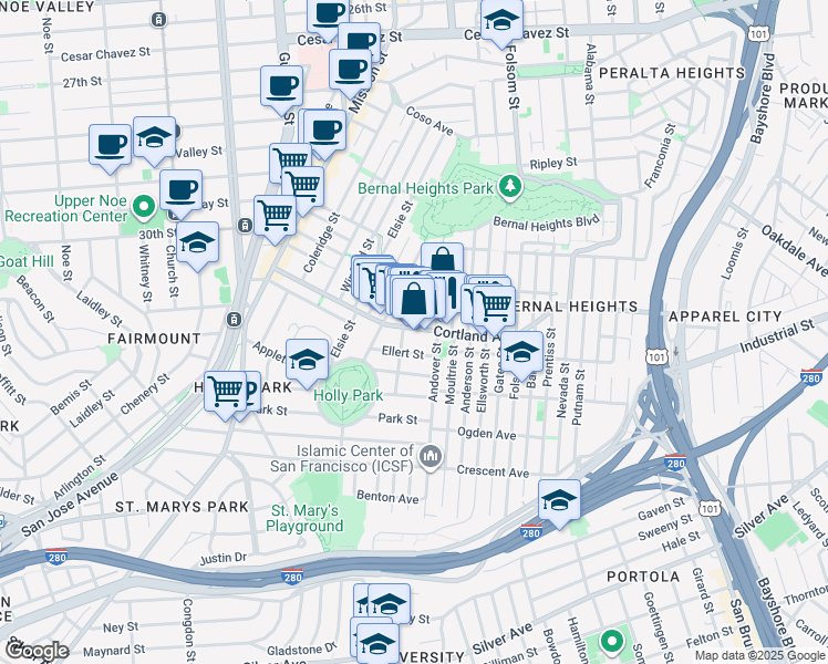 map of restaurants, bars, coffee shops, grocery stores, and more near 45 Ellert Street in San Francisco