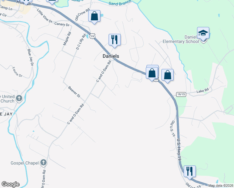map of restaurants, bars, coffee shops, grocery stores, and more near 321 Camp Road in Daniels