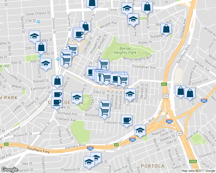map of restaurants, bars, coffee shops, grocery stores, and more near Cortland Ave & Andover St in San Francisco