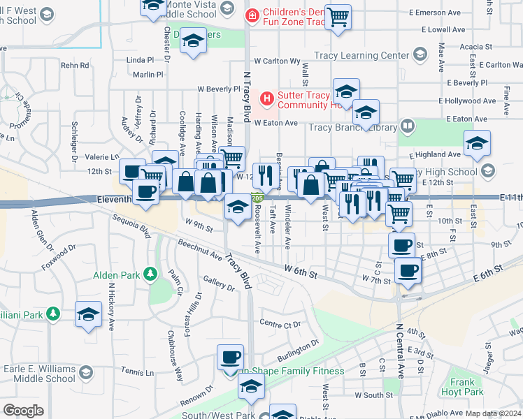map of restaurants, bars, coffee shops, grocery stores, and more near 1028 Roosevelt Avenue in Tracy