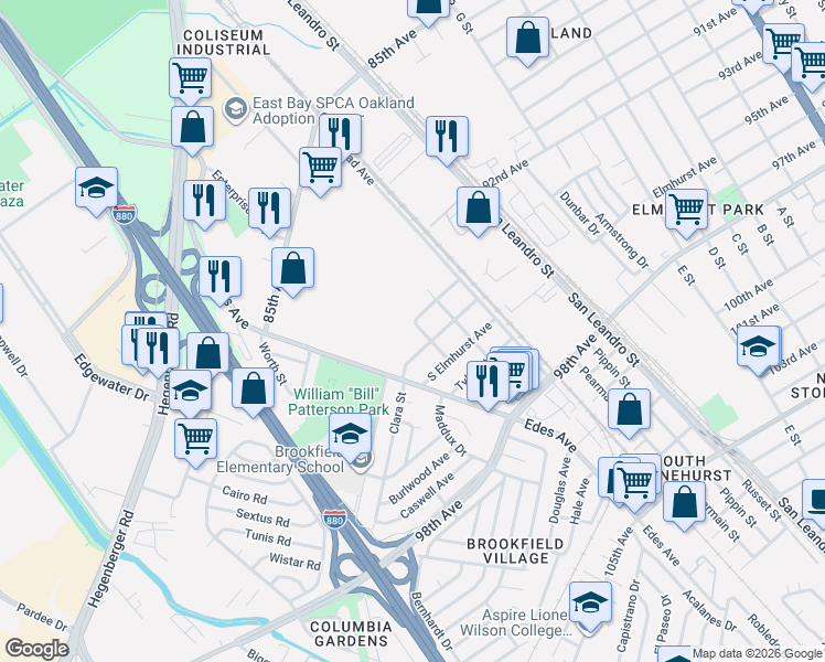 map of restaurants, bars, coffee shops, grocery stores, and more near 627 Clara Street in Oakland