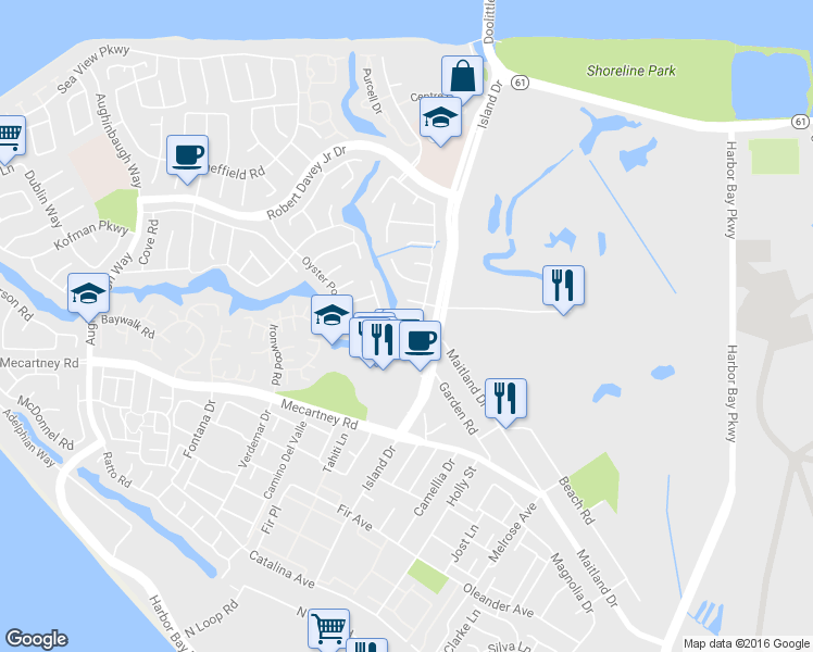 map of restaurants, bars, coffee shops, grocery stores, and more near 801 Island Drive in Alameda