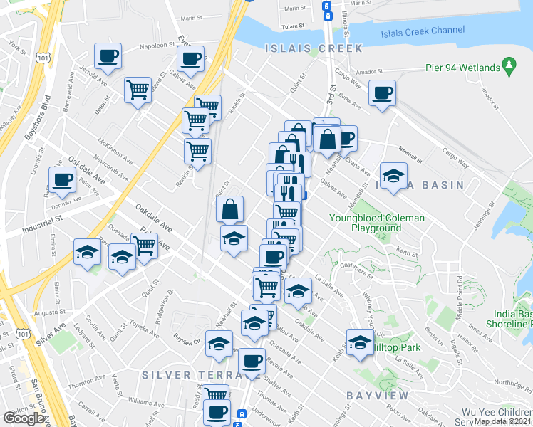 map of restaurants, bars, coffee shops, grocery stores, and more near 1647 Kirkwood Avenue in San Francisco