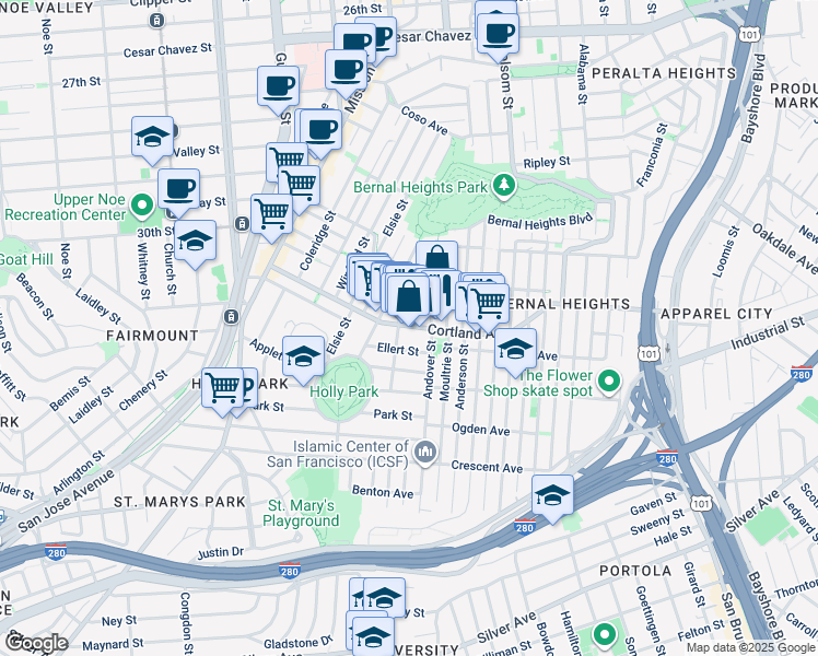 map of restaurants, bars, coffee shops, grocery stores, and more near 45 Ellert Street in San Francisco