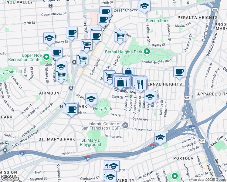map of restaurants, bars, coffee shops, grocery stores, and more near 45 Ellert Street in San Francisco