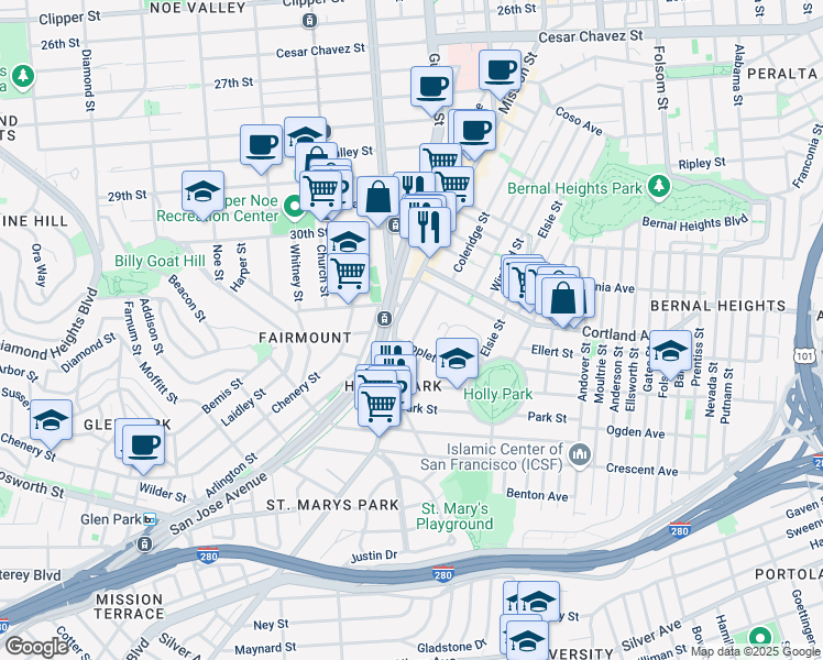 map of restaurants, bars, coffee shops, grocery stores, and more near 3620 Mission Street in San Francisco