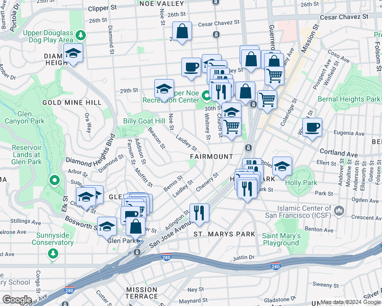 map of restaurants, bars, coffee shops, grocery stores, and more near 101 Miguel Street in San Francisco