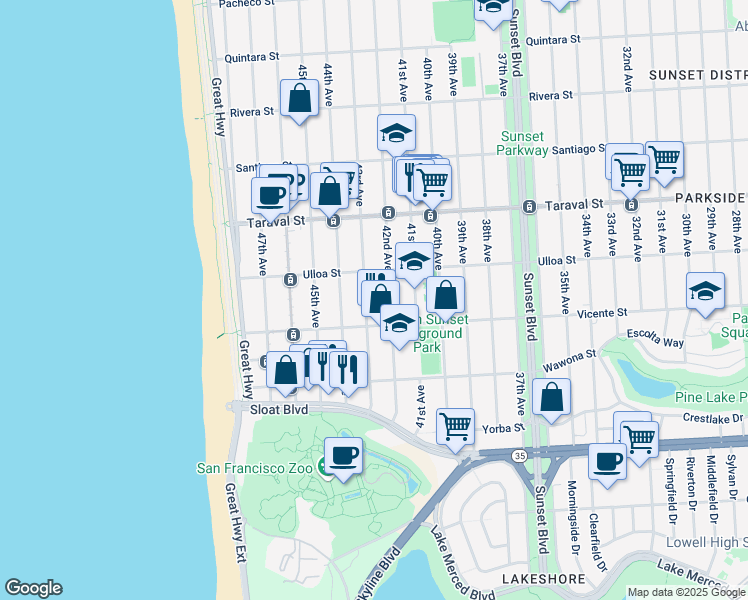 map of restaurants, bars, coffee shops, grocery stores, and more near 3100 Vicente Street in San Francisco